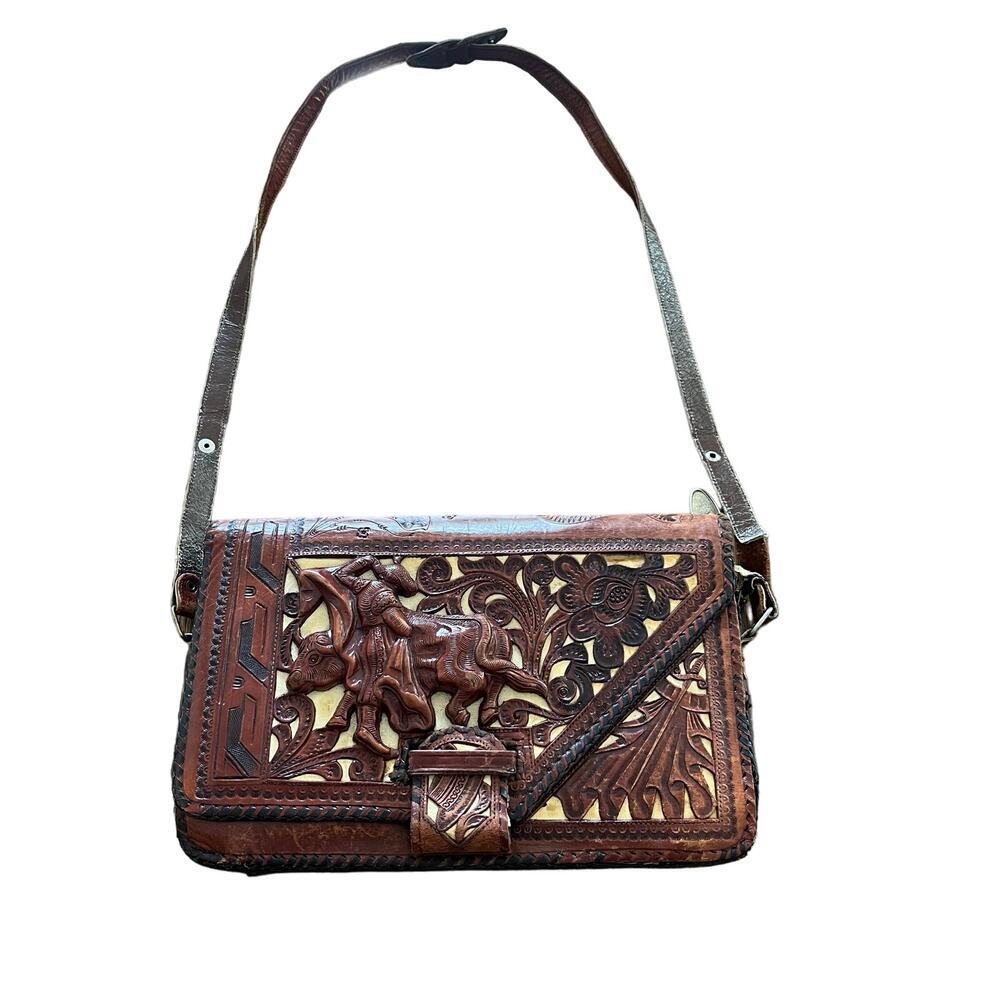 Vintage Mexican Tooled Leather Matador Shoulder Bag Purse Ornate Bag